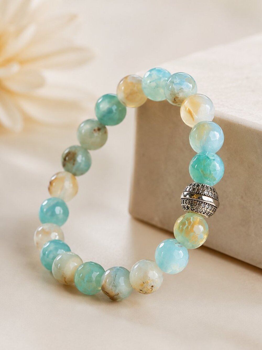 Ocean Agate (10mm) Beaded Bracelet | S925 Sterling Silver Bead Charm | Stretch